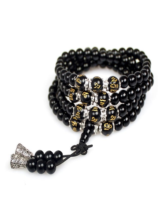 PWMENLK 6mm 108 Mala Beads Bracelet Meditation Necklace Obsidian Beaded Prayer Buddhist Healing Stone Tiger Eye Jewelry(om mani Padme hum) - Image 1